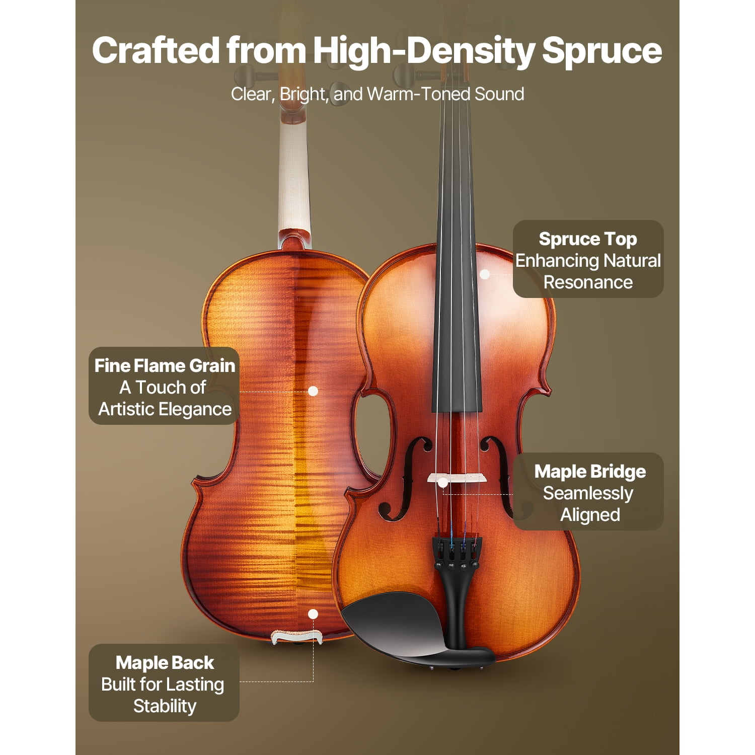KFFKFF 4/4 Full-Size Violin for Adults, Complete Beginner Set with Case, Rosin, Bow, Shoulder Rest, Bridge, and Extra Strings, Solid Wood Instrument with Glossy Brown Finish