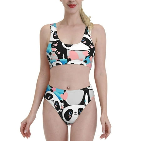 Bixox Panda Cute Pink Hearts Pattern Two-Piece Sports Bikini with U-Shaped Top and High-Waist Bottom - Women s Swimwear with Removable Bra Pads