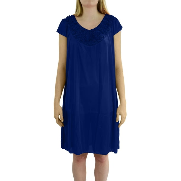 EZI Women's Cap Sleeve Satin Nightgown with 100 rose chest detail