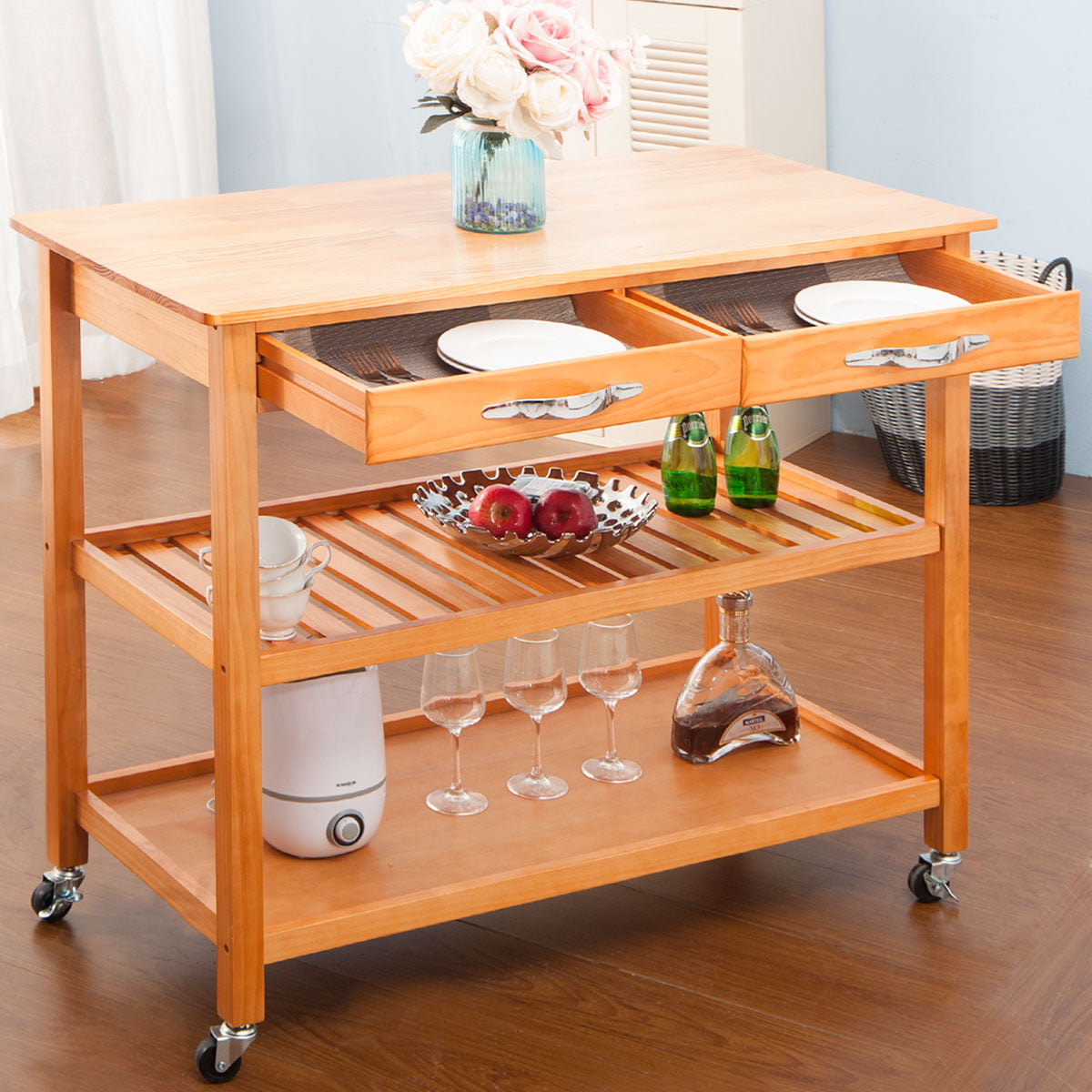 kitchen Island Cart, 3-Tier Rolling Kitchen Island with 2 Drawers and