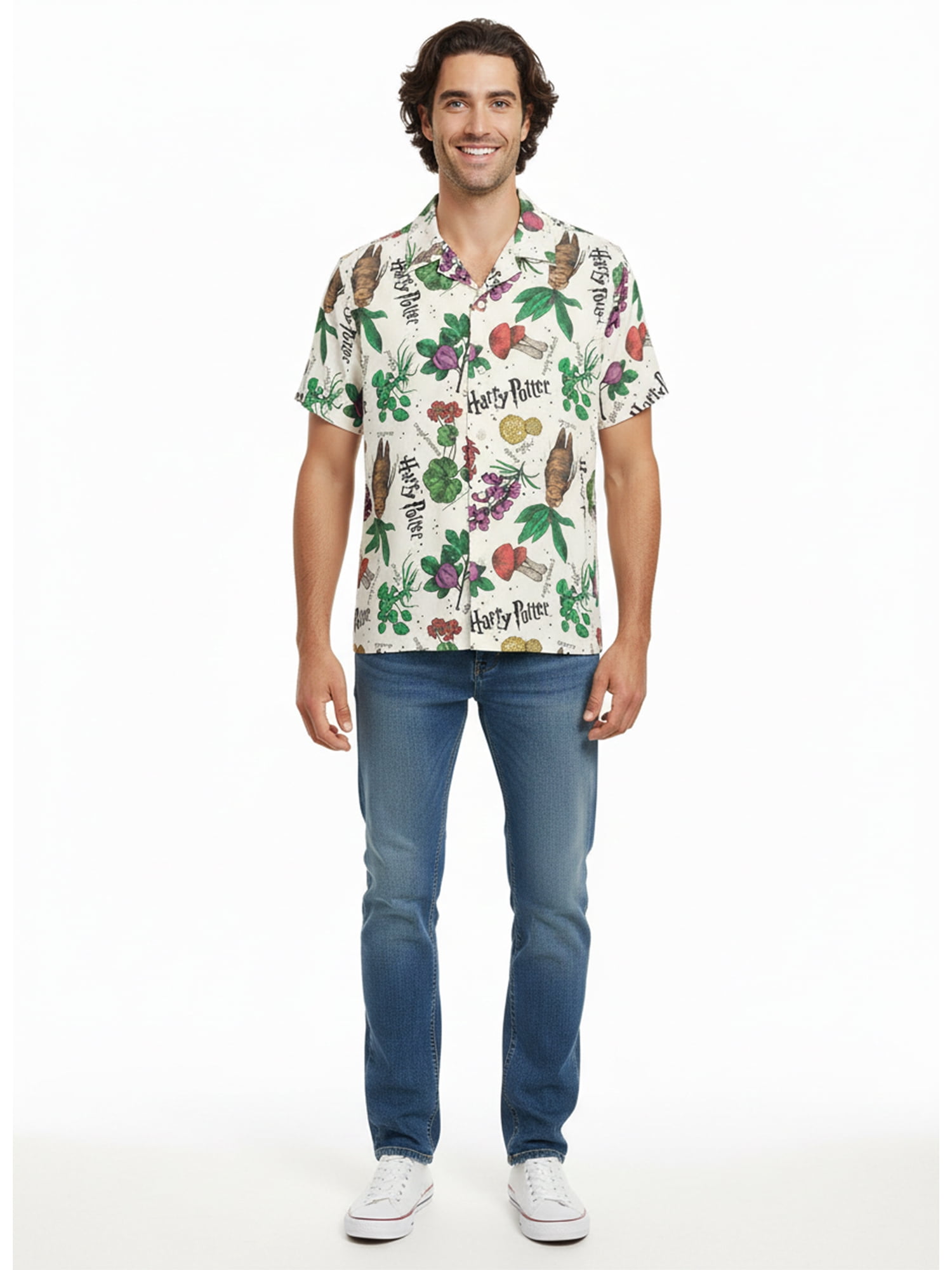 Harry Potter Men’s Short Sleeve Button-Up Camp Shirt, Herb AOP, Sizes S–3XL