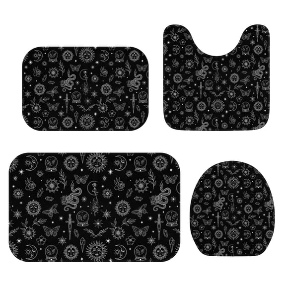Sun and Crystal Ball Gothic Pattern Bathroom Rug Set 4 Piece,Includes Contour,Lid Cover,Bath Mat,Non-Slip Extra Soft Absorbent Washable