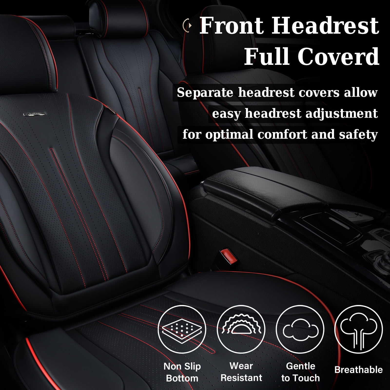 Coverado Full Set Car Seat Covers, Waterproof Faux Leather Front and Rear Seat Protector, Breathable Seat Cushions Universal Fit for Most Cars, Black&Red