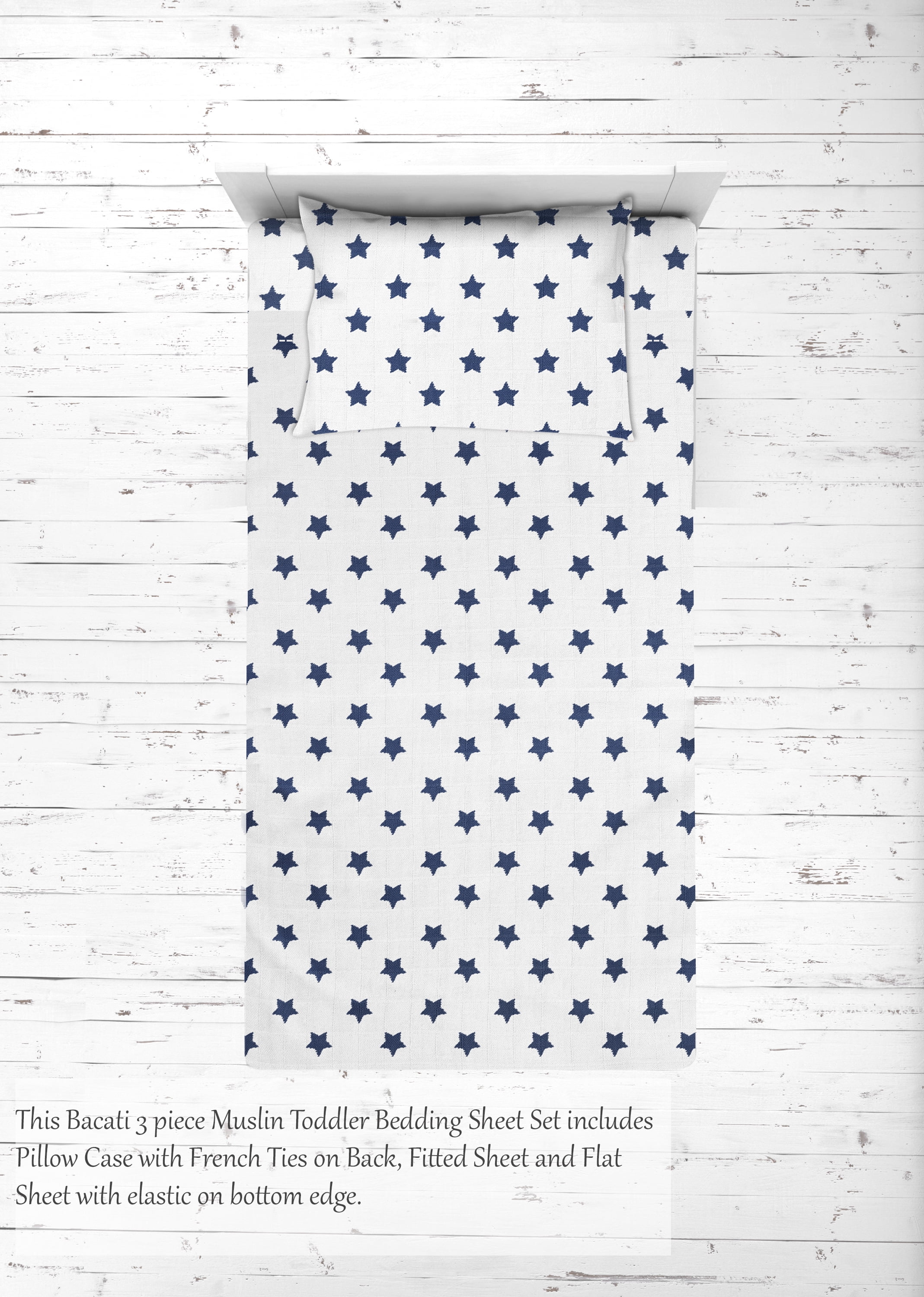 Bacati - Stars 100% Cotton breathable Muslin 3-Piece Toddler Bedding Sheet Set, Navy