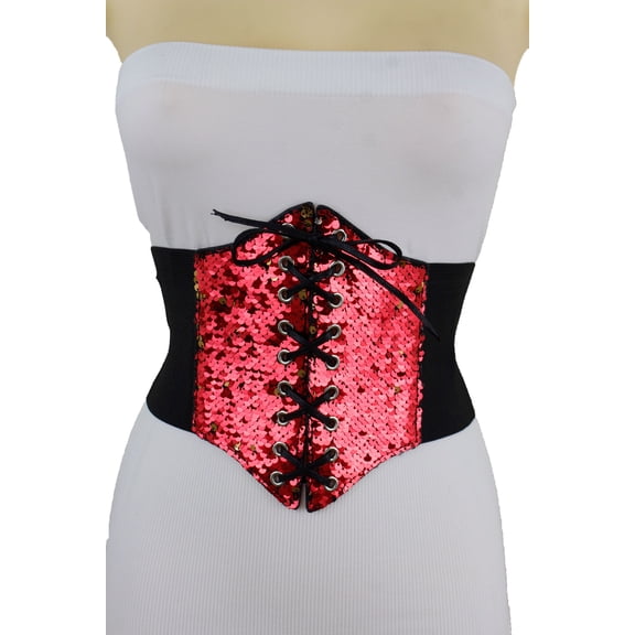 New Women Red Gold Fancy Sequins Elastic Wide Waistband Corset Belt S M
