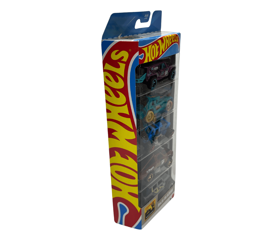 Hot Wheels Baja Blazers 5-Pack – 1:64 Scale Die-Cast Cars, Bull Whip, ’87 Dodge D100, Ford Bronco R, Mountain Mauler & ’17 Jeep Wrangler