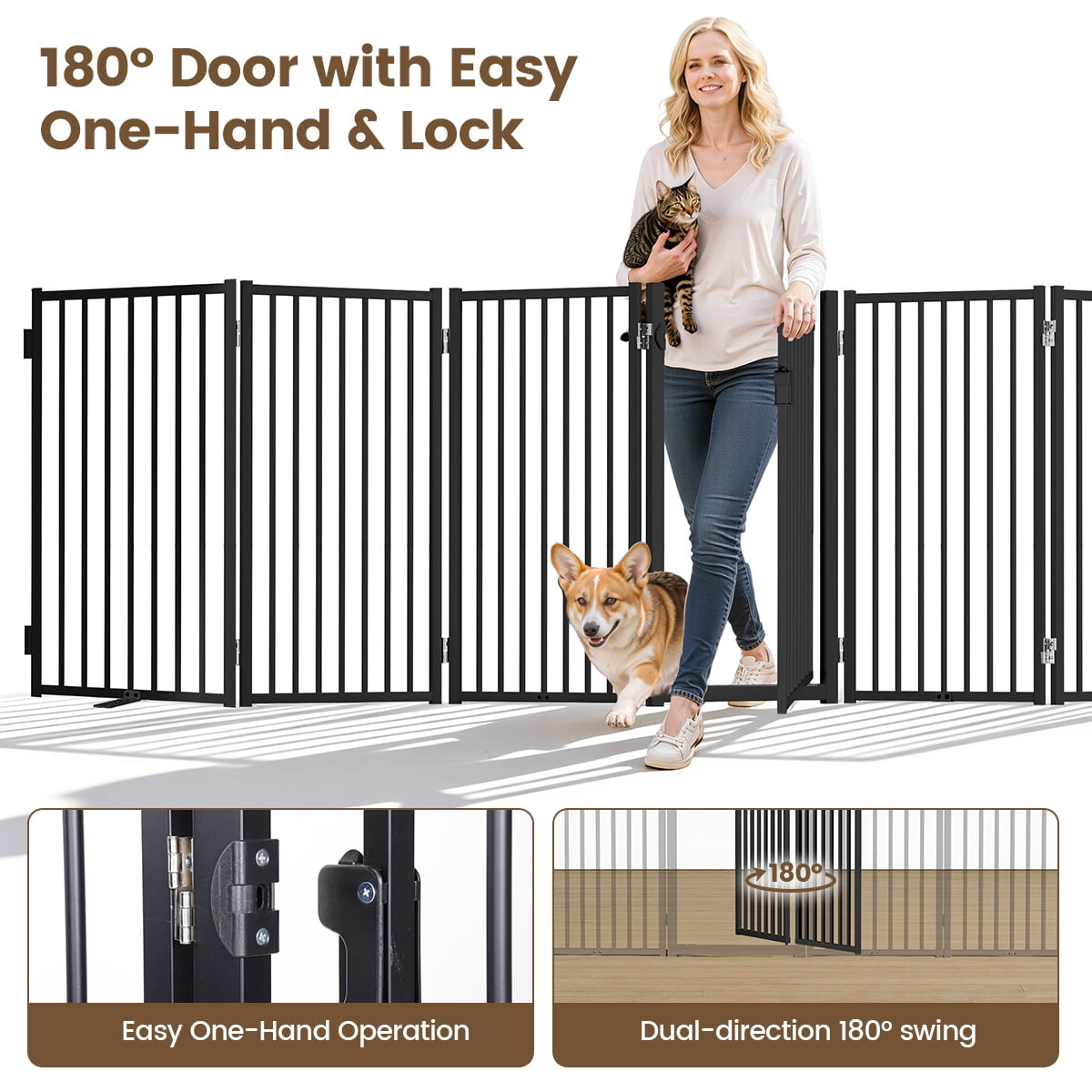 Dog Gate, Domipet 6 Panels Pet Gate Freestanding, 120''Extra Wide Dog Gate 32''Height Pet Playpen for Doorways, Black