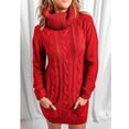 thumbnail image 1 of Vestido casual de punto con cuello alto y manga larga con bolsillo Vestido tipo suéter suelto para mujer Rojo L, 1 of 6
