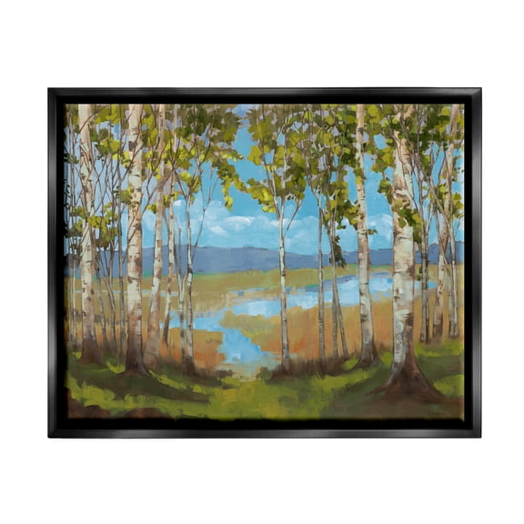 Stupell Industries Lake & Birch Tree Landscape Nature Painting Black Floater Framed Art Print Wall Art, 31 x 25