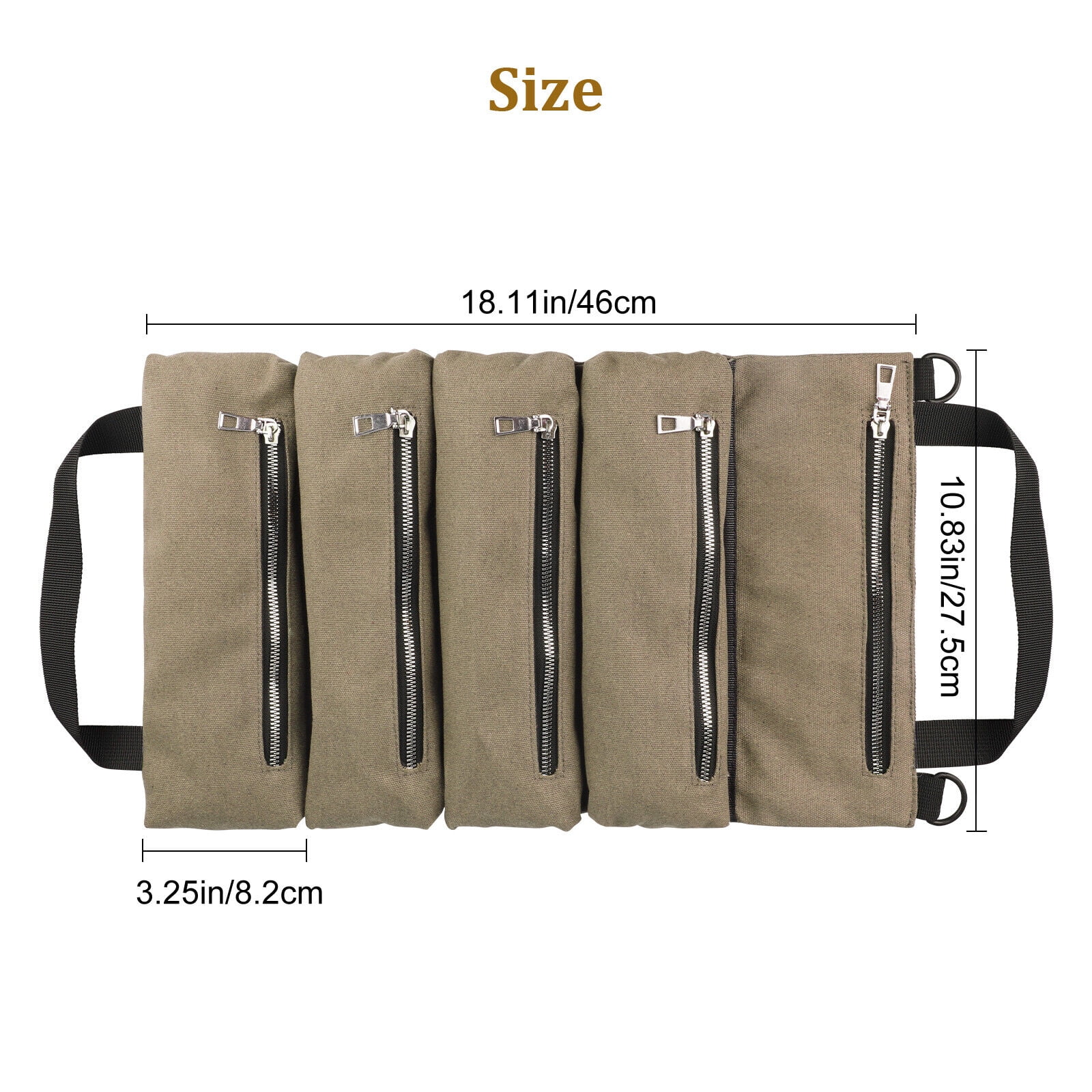 Five Zipper Pockets Roll Up Tool Bag Multi-Purpose Tool Roll Up Bag(Khaki)