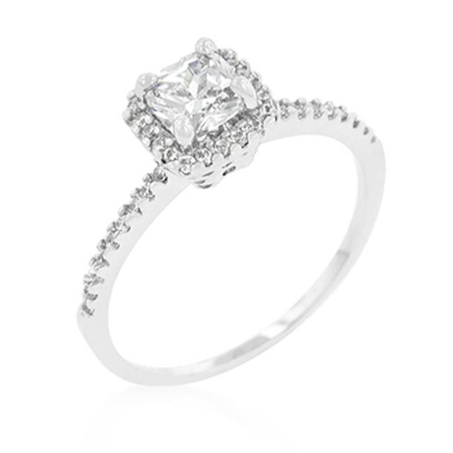 White Gold Rhodium Halo Engagement Ring with Princess Cut Cubic Zirconia Center Stone and Round Cut Cubic Zirconia Accented Halo in Silvertone - Size 5