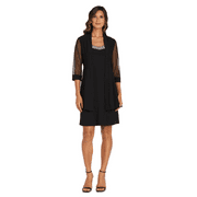 R&M Richards Women's Two-Piece Dress with Beaded Neckline and Soft Jacket with Sheer Sleeves - Petite