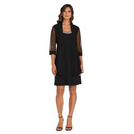 R&M Richards Women's Two-Piece Dress with Beaded Neckline and Soft Jacket with Sheer Sleeves - Petite