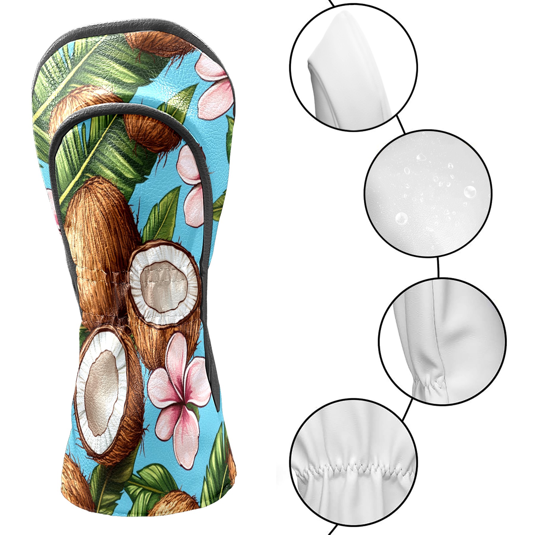 Golf Club Covers PU Leather Waterproof Head Covers for Fairway Woods Hybrids Coconut Flowers