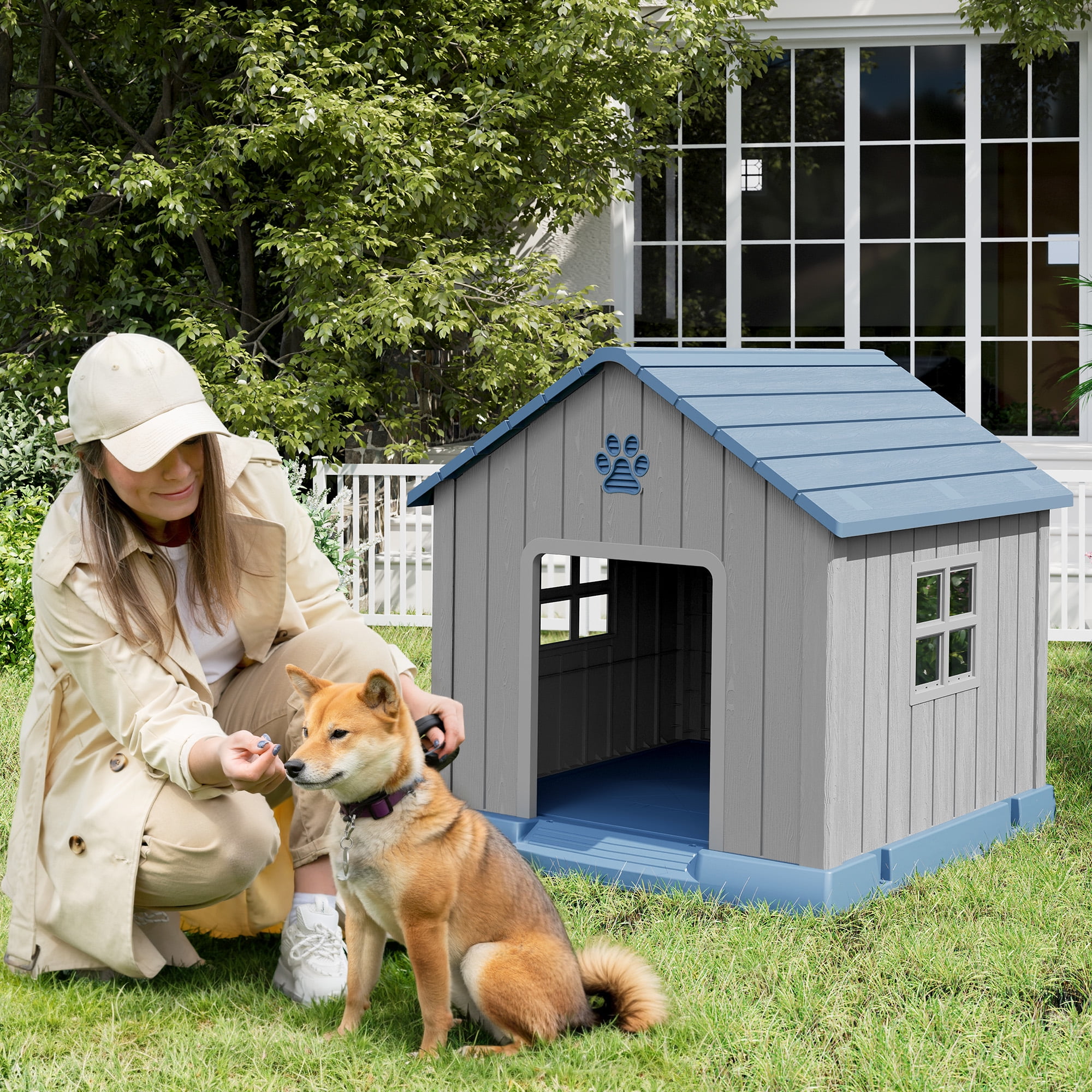 LHBcraft Dog House,Weatherproof Resin Shelter with Air Vents and Elevated Floor for Small-Medium Dogs,Dog kennel for Indoor&Outdoor,Blue,32.3" L x 29.9" W x 32.5" H