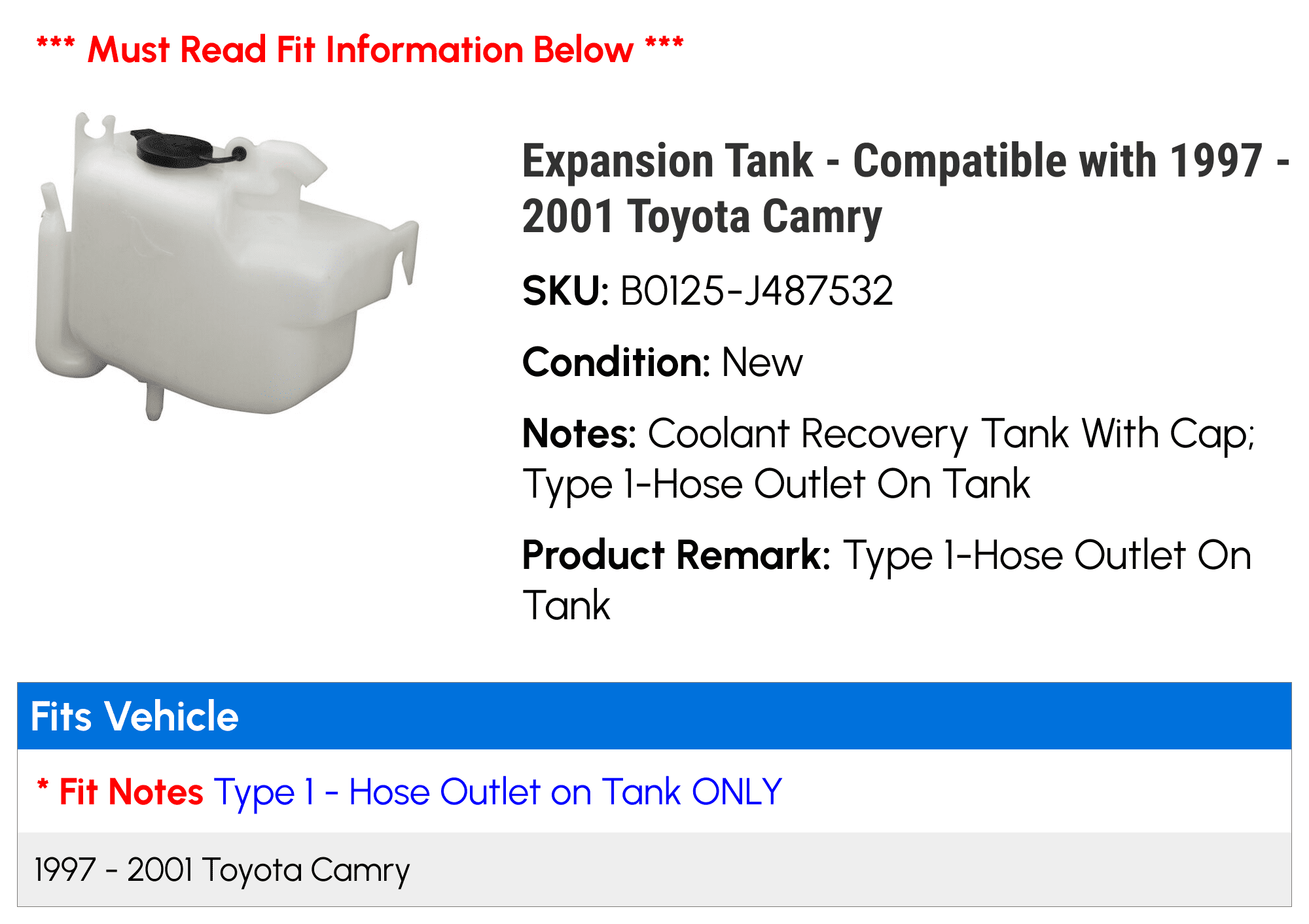 Expansion Tank - Compatible with 1997 - 2001 Toyota Camry 1998 1999 2000