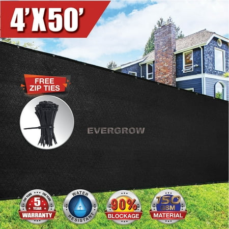 Privacy Screening For Patios EVERGROW® 4' x 50' Black Fence Privacy Screen Windscreen Cover Outdoor Patio Fabric Shade Tarp Netting Mesh Cloth 150 GSM 5 Years Warranty FREE Zip Ties (G-FENCE-4X50-BLACK) ()