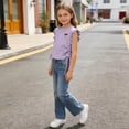 thumbnail image 6 of Girls Ruffle Sleeve Top Soft Cotton Mushroom Applique Shirt Kids Side Tie Crop Blouse Kids Summer Purple,Size 4-5T, 6 of 7