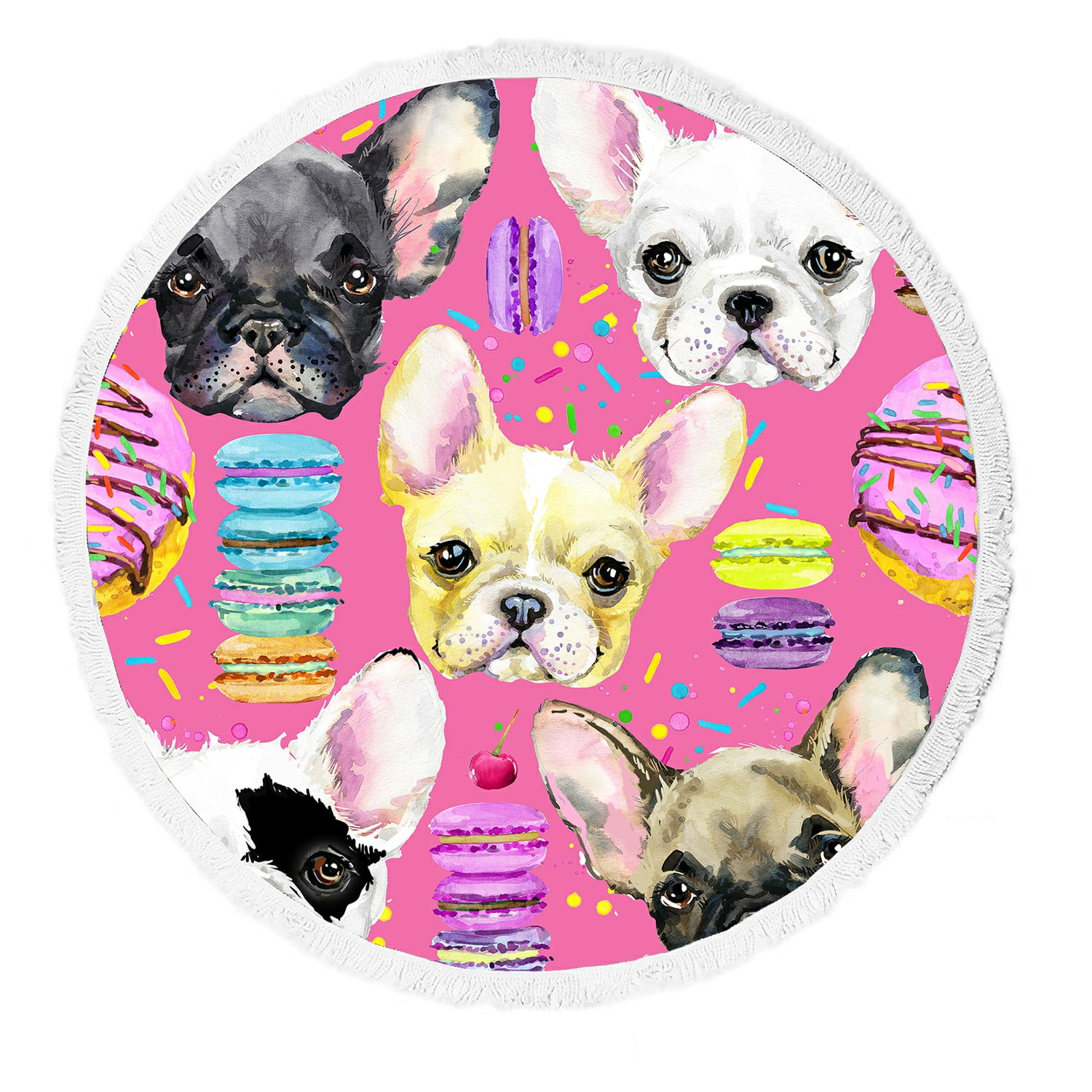 HATIART Cute Dog French Bulldog Puppy Sweet Dessert Beach Towel Beach Blanket with Tassels Beach Throw Towel Yoga Mat Picnic Blanket