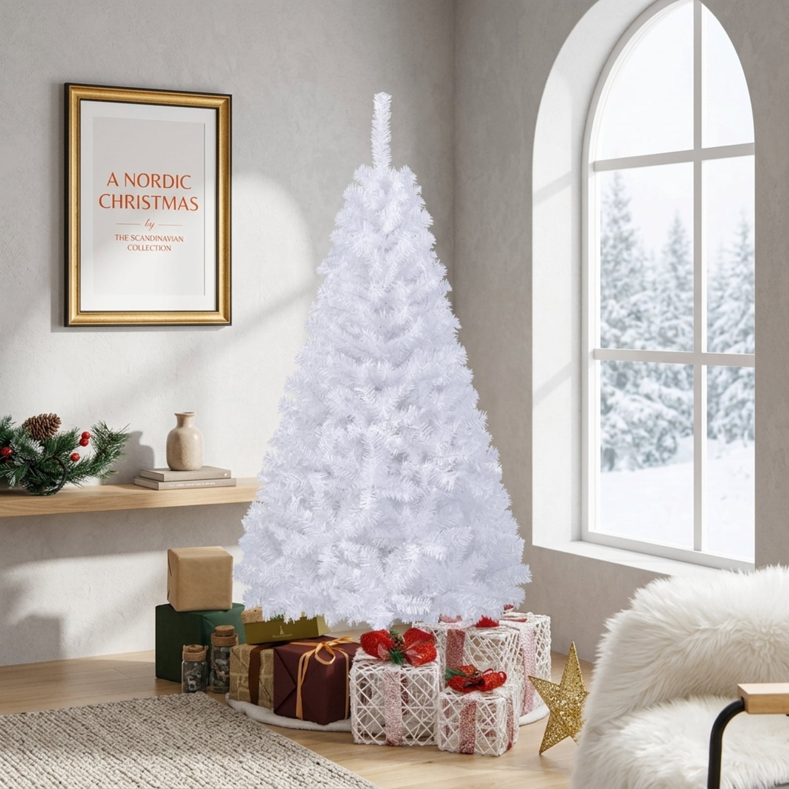 RUIE, 5 ft, Artificial Christmas Tree, with Metal Stand, 350 Branch Tips, White Holiday Xmas Tree for Indoor Home Office Decoration