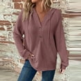 thumbnail image 2 of Ediodpoh Hoodies for Women Knit Long Sleeve Drawstring Button V Neck Casual Pullover Sweatshirt Tops Purple S, 2 of 5