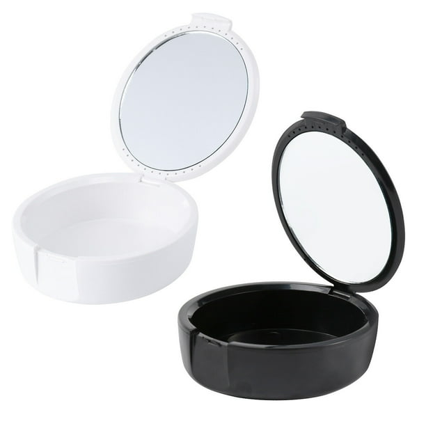 Juego de 2 unidades de estuches para retenedores dentales, protector de dientes postizos, caja de ortodoncia, contenedor para almacenamiento de dentaduras postizas con espejo (blanco/negro)