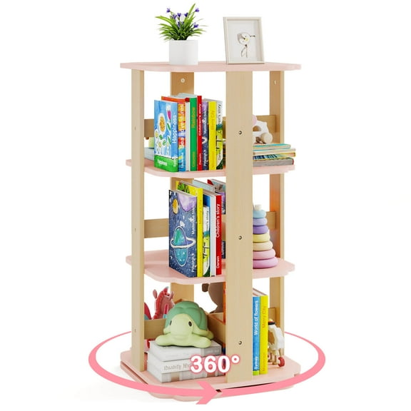 Costway 360° Spinning 3-Tier Kids Book Shelf Tower with 12 Sectors Cute Square Book Stand