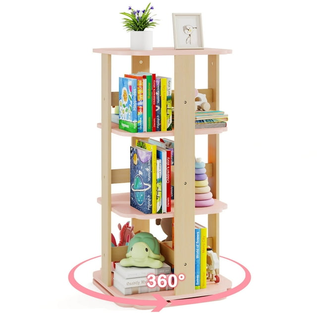 Costway Tour d'Étagère à Livres pour Enfants à 3 Niveaux, Rotation à 360°, avec 12 Secteurs, Mignon Support à Livres Carré