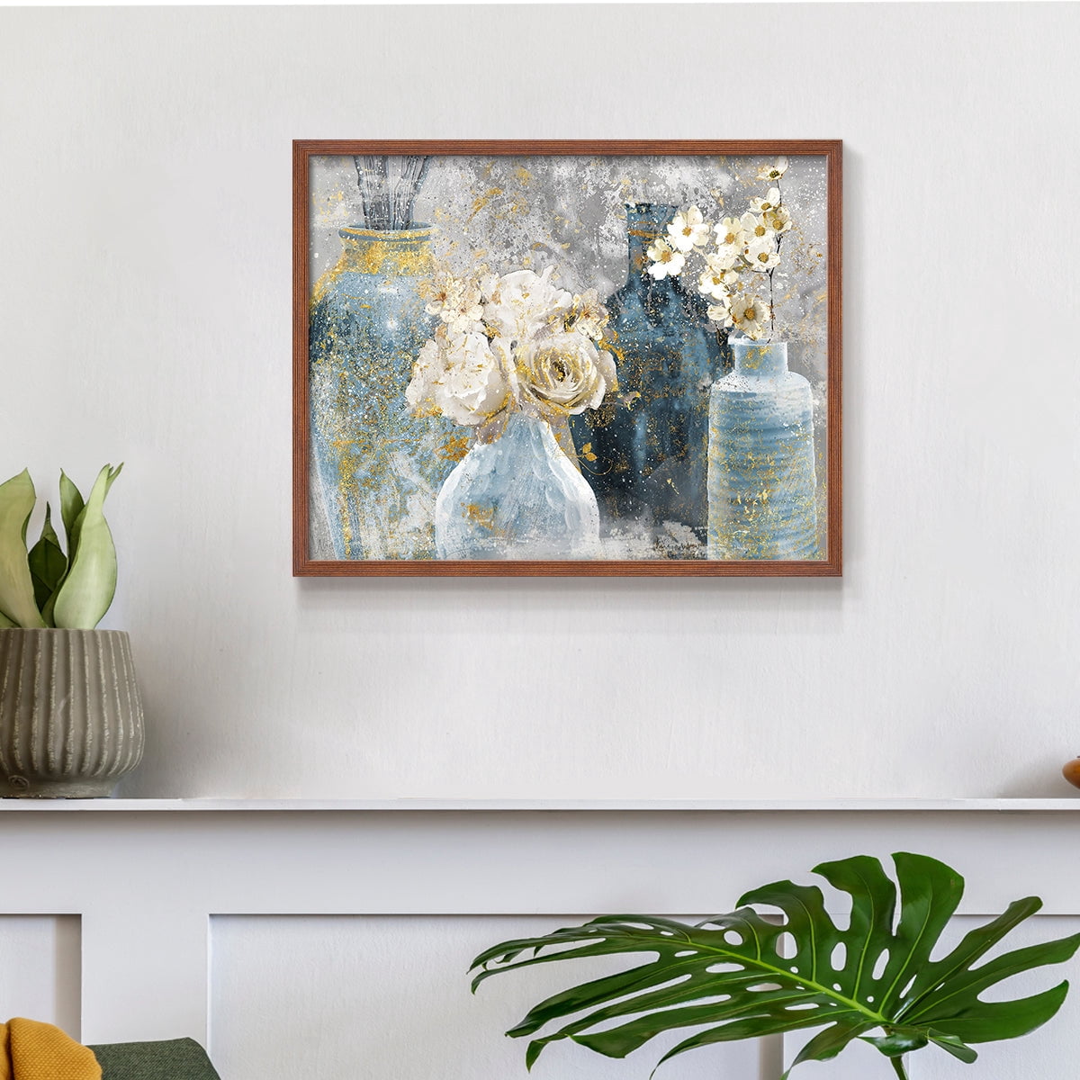Vessels and Blooms Blues by Nan - Restickable Framed Giclée Print