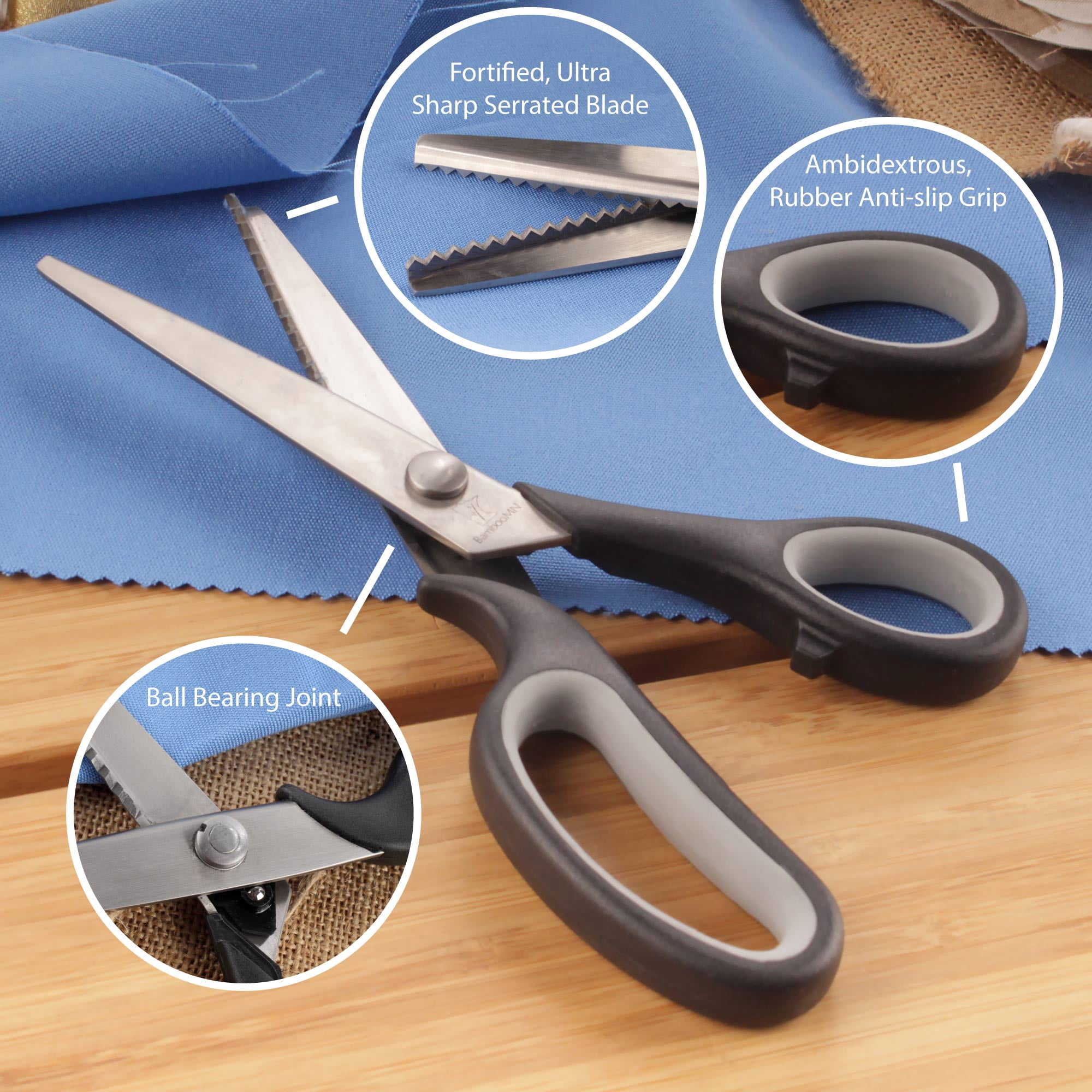 BambooMN Titanium Softgrip Scissors Set - Pinking, Sewing, Arts, Crafts, Office - 1 Set of 4 - Black w/Dark Grey Inlays