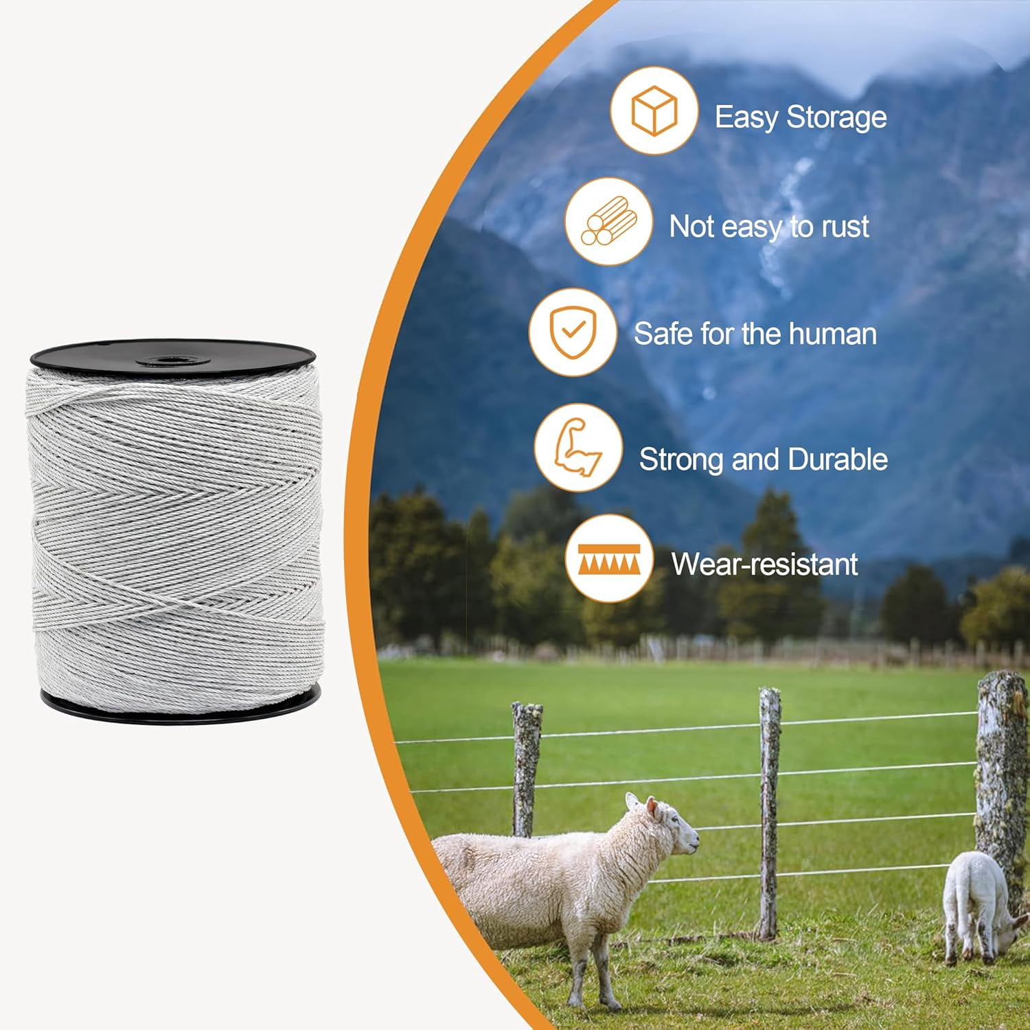 Electric Fence Poly wire for Fencing 3280ft 6 Stainless Steel Conductors UV-Resistant, White