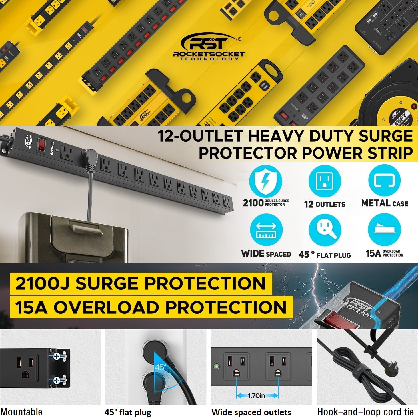 CRST Long Surge Protector Power Strip Mountable 12 Outlets with Flat Plug 15ft Long Extension Cord 2100J Metal Heavy Duty Industrial Power Bar for Workshops, Garages and Use Under Cabinet, Black