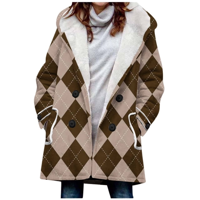 Winter Jacket Velvet Double Breasted Hooded Solid Color European And American Mid Length Women's Solid Color Temperament Commuting Jacket Jacket Womens Fashion on Clearance