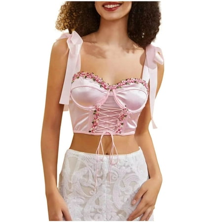 Black Leather Corset Fashion Women Style Solid Color Lace Flower Backless Ribbon Waist Camisole Shapewear Tops Pinks xs
