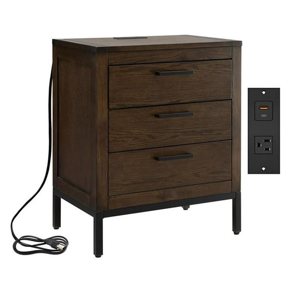 Pemberly Row 3-Drawer Wood Nightstand Table with AC/USB in Espresso