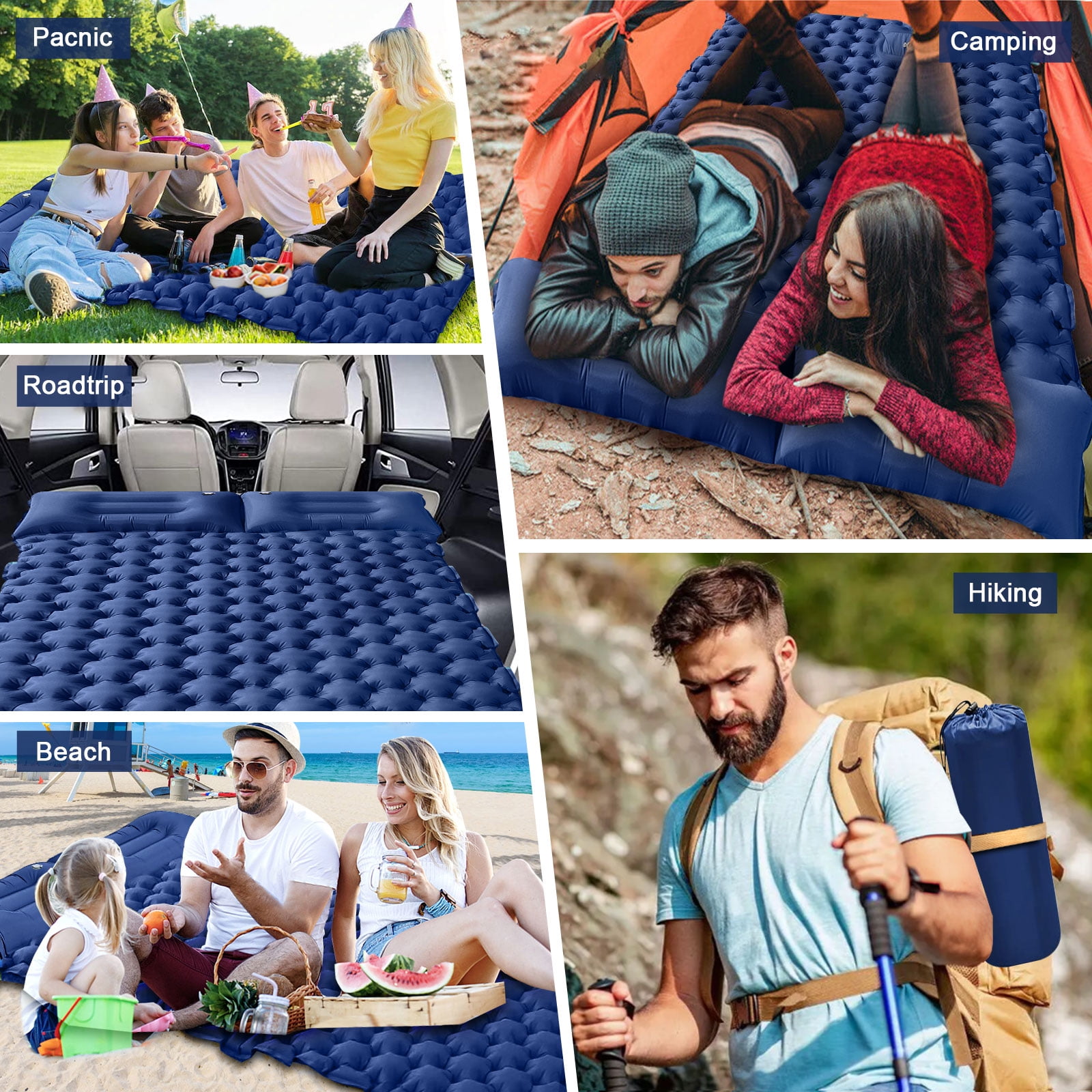 Eurhowing Double Sleeping Pad 4" Thick, 2 Person Inflatable Camping Mat with Foot Pump & Pillow, Portable Air Mattress for Backpacking Hiking Tent Travel, Navy