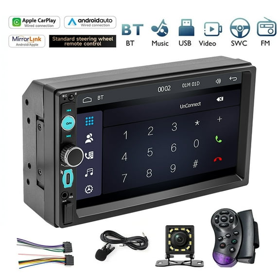 Woudy 7" Double DIN Car Stereo, HD Touchscreen, Wired Apple CarPlay & Android Auto, Camera Support & Steering Wheel Control, Bluetooth 5.0, FM/USB/Type-C/AUX