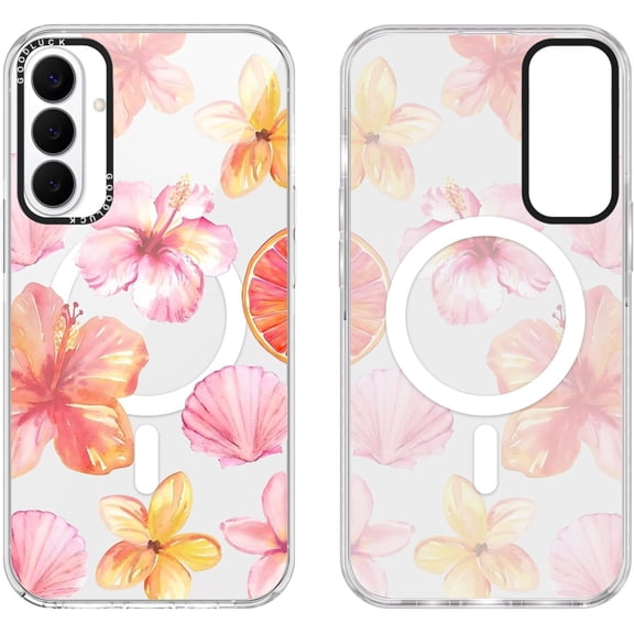 Magnetic for Samsung Galaxy S26 Phone Case Transparent 6.3", Summer Flower Hibiscus Floral Seashell Pattern, Aesthetic Design Soft Clear Cover for Women, Compatible with MagSafe for Samsung S26
