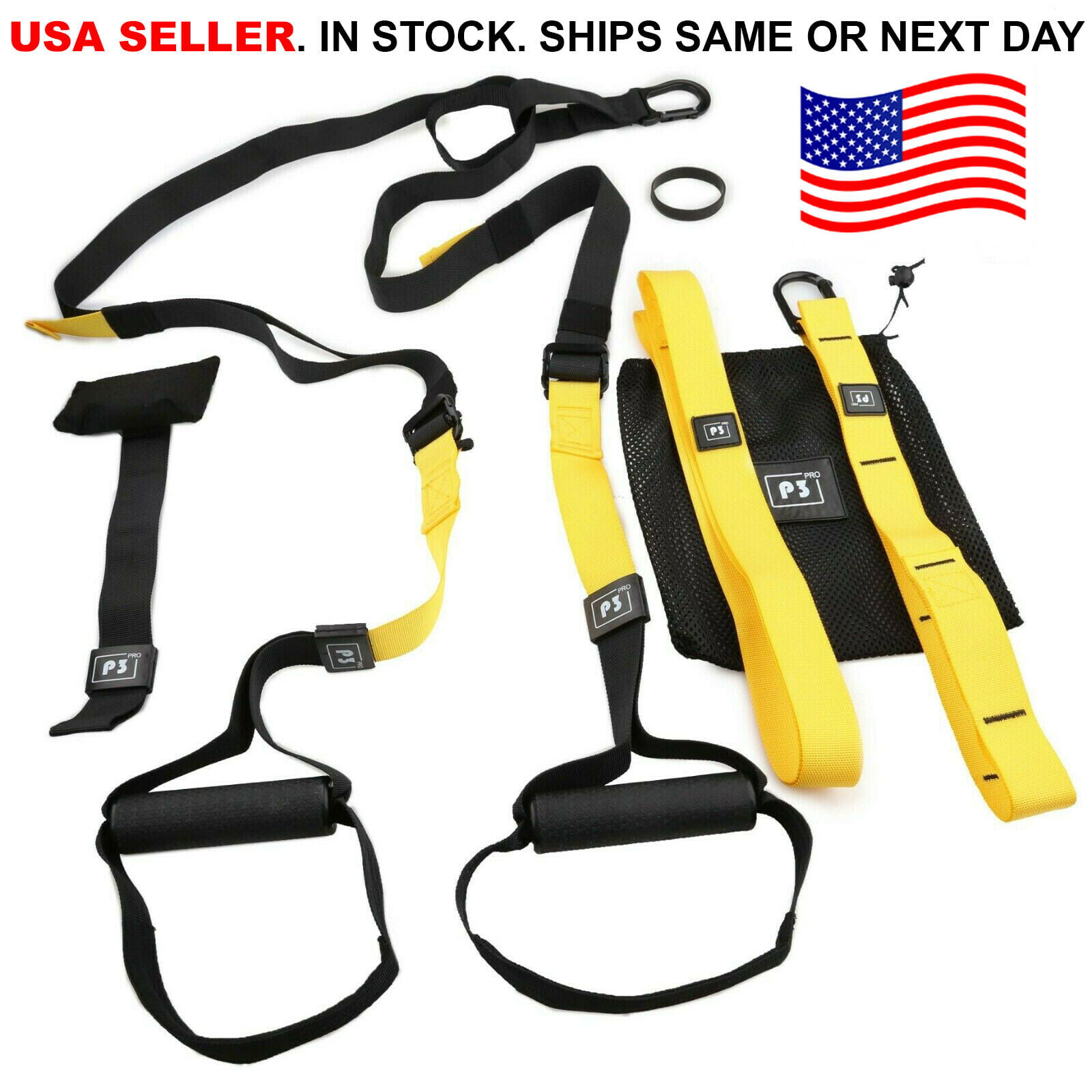 PRO P3 Home Gym Suspension Resistance Strength Training Straps Workout Trainer 