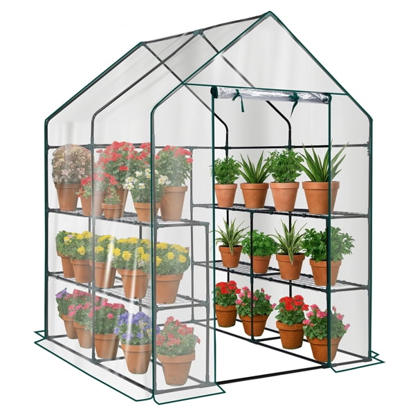 Mini Walk-in Greenhouse with PVC Cover, 8-Shelf Indoor Outdoor Plant Gardening Green House for Garden Backyard, 56" x 56" x 77", Transparent