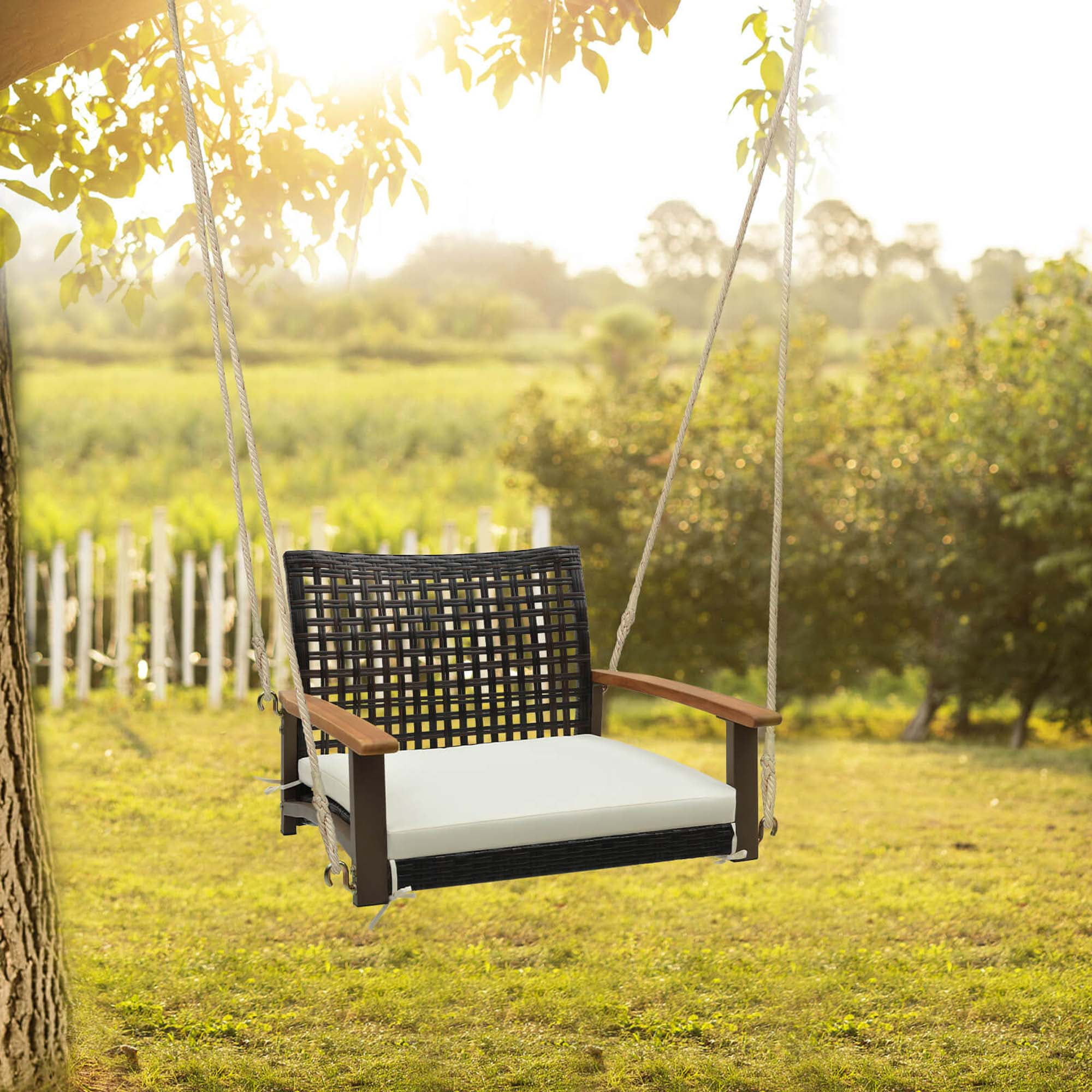 Costway Outdoor Single Swing Chair Bench 1 Person Rattan Porch Swing with Cushion Walmart