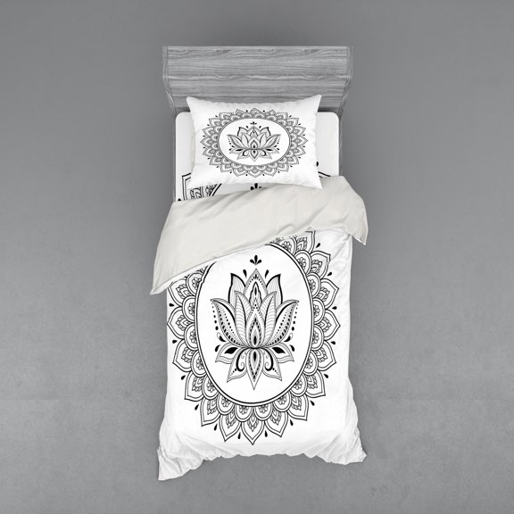 Ambesonne Ethnic Bedding Set 3 Pcs, Lotus Flower Mandala Art, Twin XL, Charcoal Grey and White