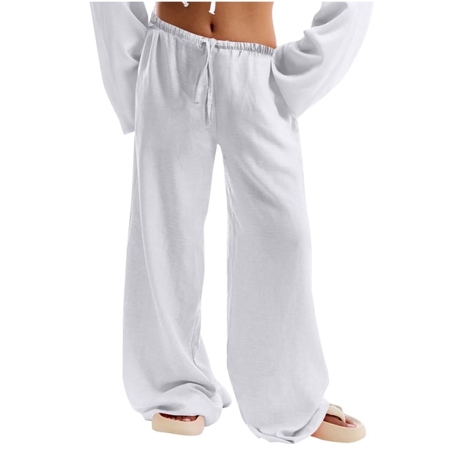Jgppe Linen Pants for Women Classic Solid Color Low Waist Drawstring Wide Leg Casual Long Pants