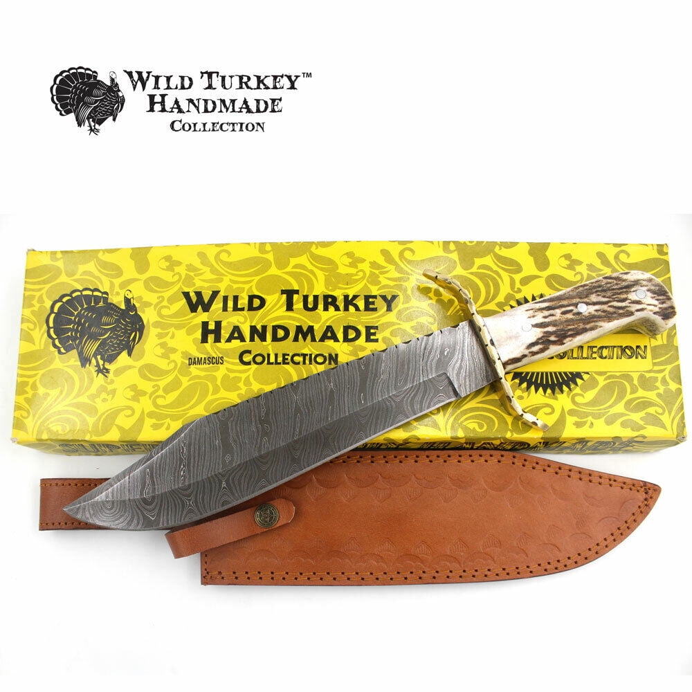 Wild Turkey Handmade Damascus Collection Fixed Blade Stag Handle Hunting Knife