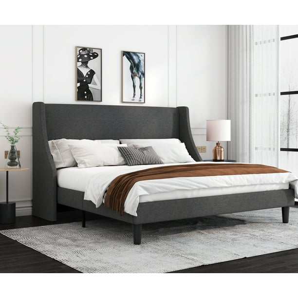 Allewie King Size Fabric Upholstered Platform Bed Frame with Wingback