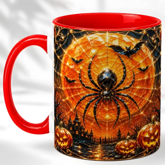 Gemstone Spider Halloween Coffee Mug, Pumpkin Web Mug, Ceramic Cup