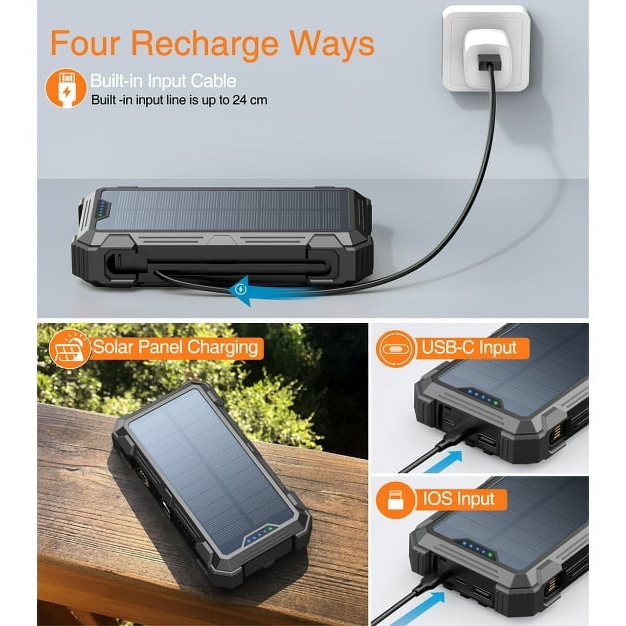 JIUMESS 42800mAh Solar Power Bank 15W Fast Charging with Cables, Solar Charger Compatible for iPhone/Android Phone