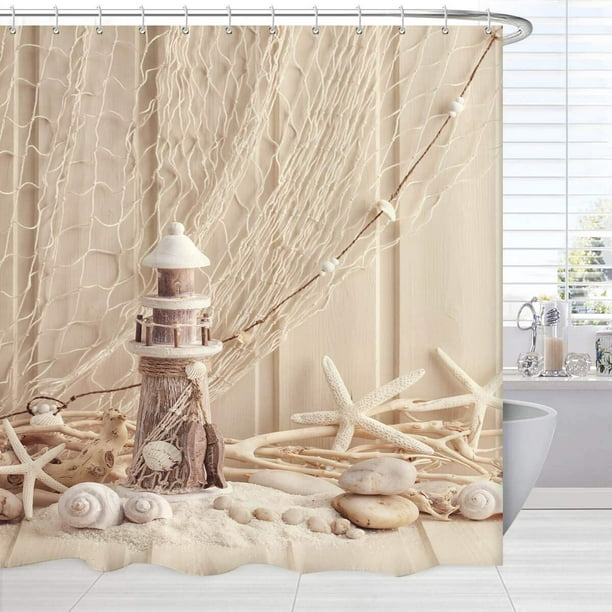 HHHC Beige Fabric Shower Curtains, Modern Fishing Net Seashell