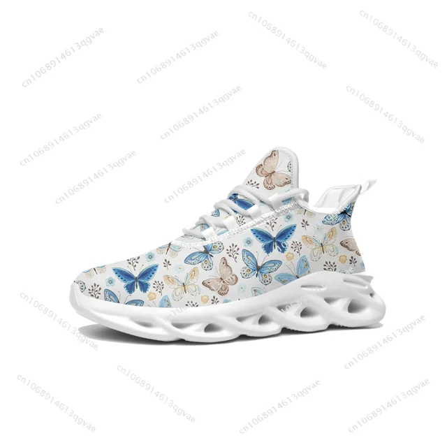Zapatillas deportivas planas con estampado de mariposas para hombre y mujer, deportivas de alta calidad con cordones de malla, calzado a medida, color blanco