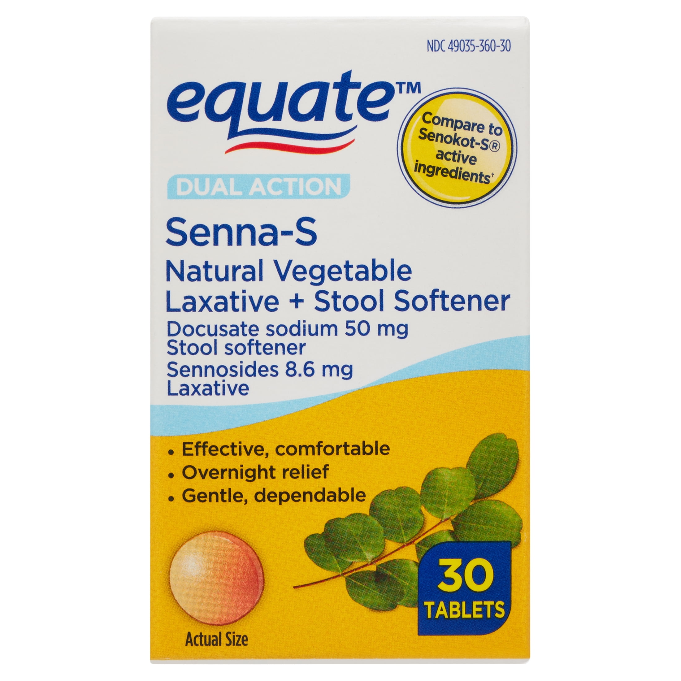 Equate Dual Action Senna-S Natural Vegetable Laxative + Stool Softener Tablets for Constipation, 30 Count